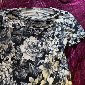 Dress Barn extra-large blue and white rose floral waterfall neckline blouse